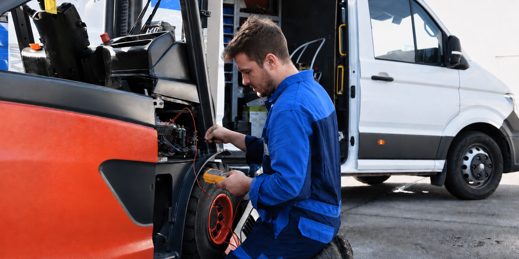 Technicus voert keuring uit op heftruck